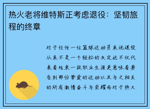 热火老将维特斯正考虑退役：坚韧旅程的终章